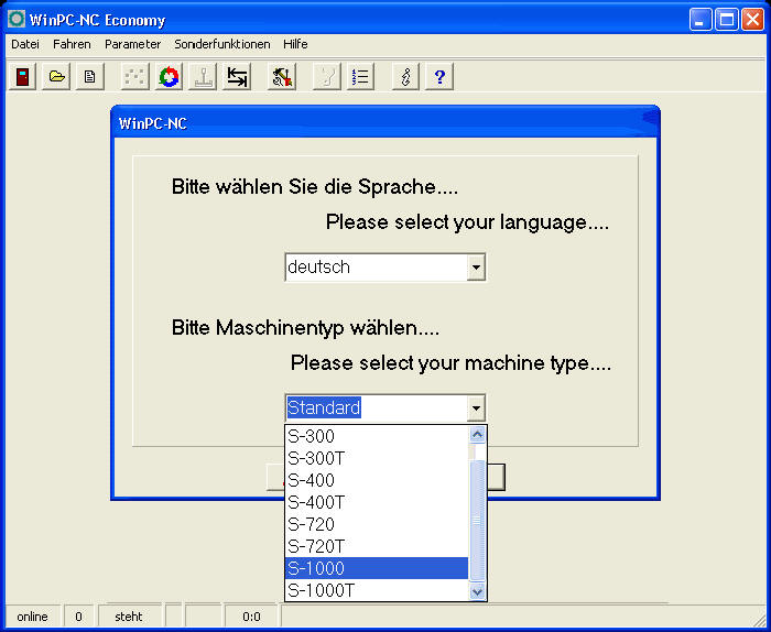 Auswahlmenü WinPC-NC